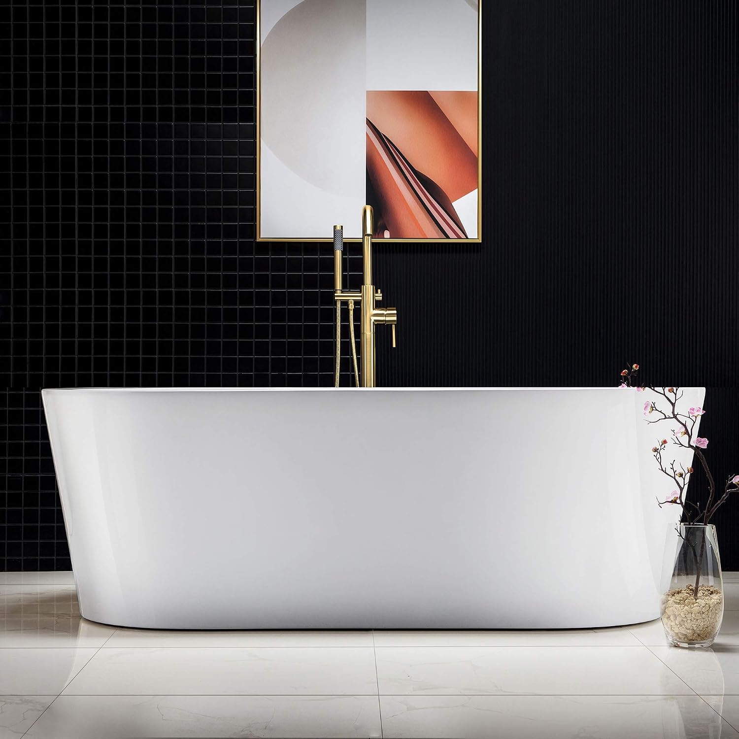 WOODBRIDGE 67' Acrylic Freestanding Bathtub Contemporary Soaking White Tub with Brushed Gold Overflow and Drain，B0002 -BG-Drain &O