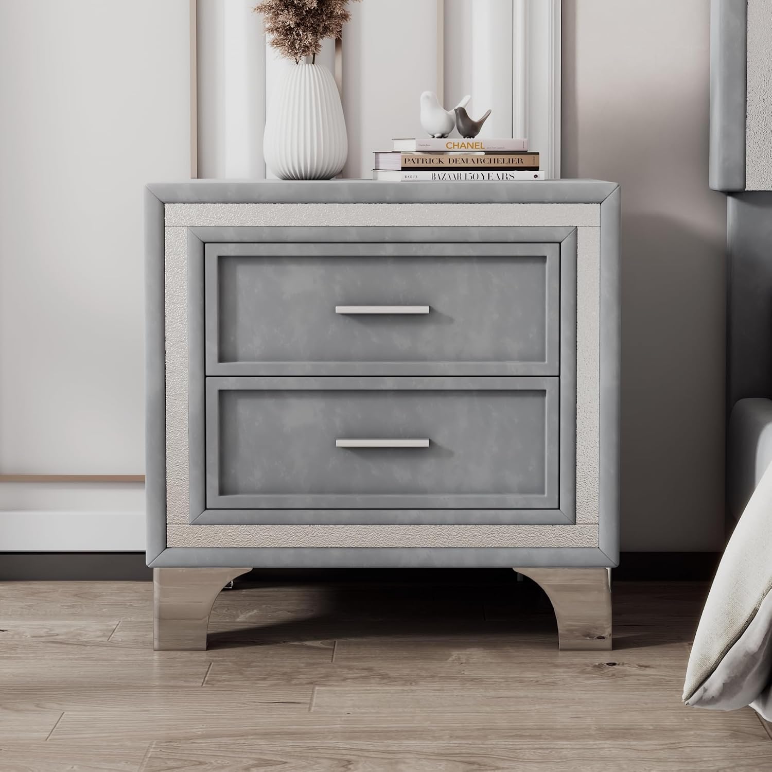 VilroCaz Elegant Velvet Design 3-Pieces Bedroom Sets, Modern Full Size Platform Bed with 2 Nightstands, Bedside Table, Rivet Design Tufted Headboard (Grey-CB, Full)