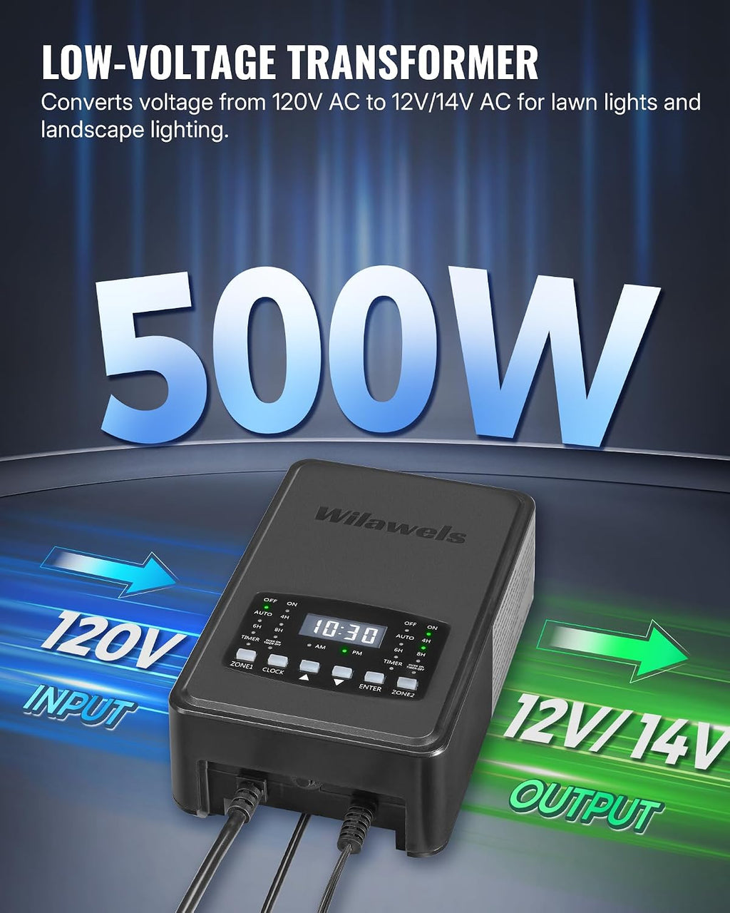 500W Low Voltage Landscape Transformer, 2 Zone Independent Control Landscape Lighting Transformer, 120VAC to 12/14V AC Low Voltage Transformer with Timer & Photocell Sensor ETL Listed D24LT06
