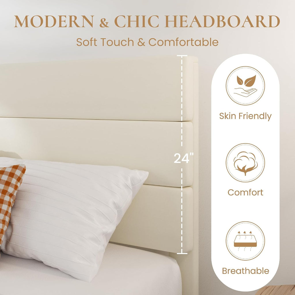 SHA CERLIN King Platform Bed Frame with Velvet Upholstered Headboard, Mattress Foundation with Strong Wooden Slats Support, No Box Spring Needed, Cream