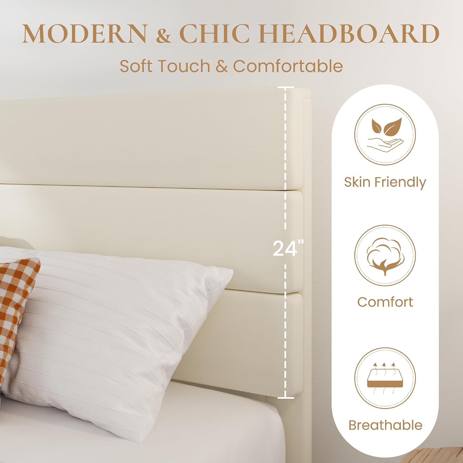 SHA CERLIN King Platform Bed Frame with Velvet Upholstered Headboard, Mattress Foundation with Strong Wooden Slats Support, No Box Spring Needed, Cream
