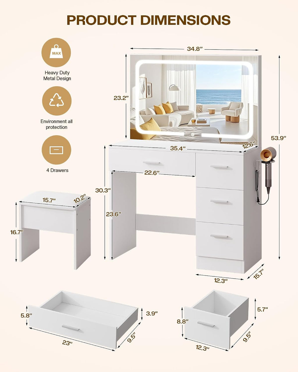 LIVELYGLOW Makeup Vanity Desk with Charging Station & LED Mirror – 35.4' Vanity Set with 4 Drawers, 3 Lighting Modes – Modern Bedroom Furniture (15.7' D x 35.4' W x 53.9' H), White