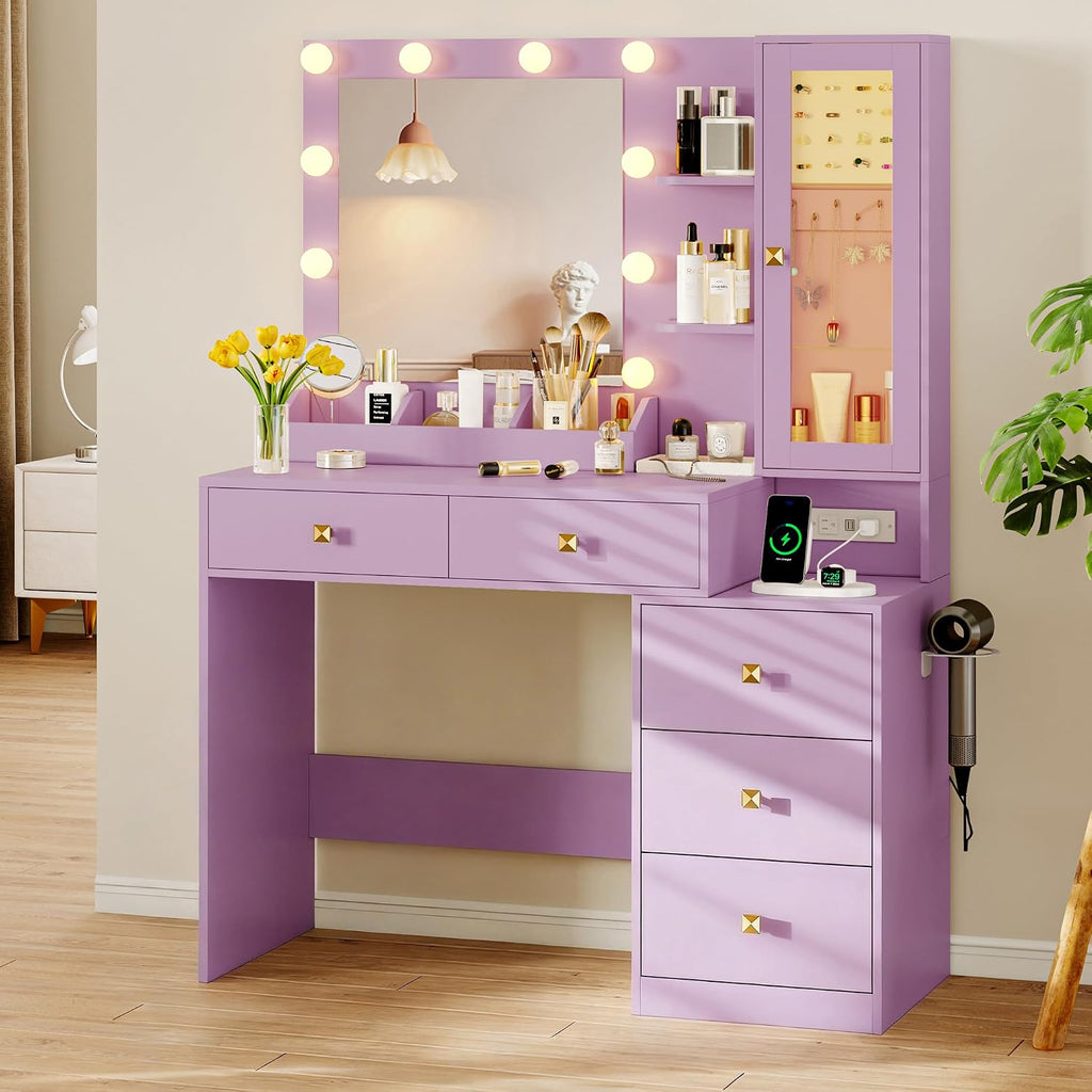 Xixini Vanity Desk with Mirror and Lights, Makeup Vanity Table Set with 5 Storage Drawers, Power Outlet, Small Dressing Table with RGB Ambient Light, Adjustable Brightness for Girls Bedroom, Purple