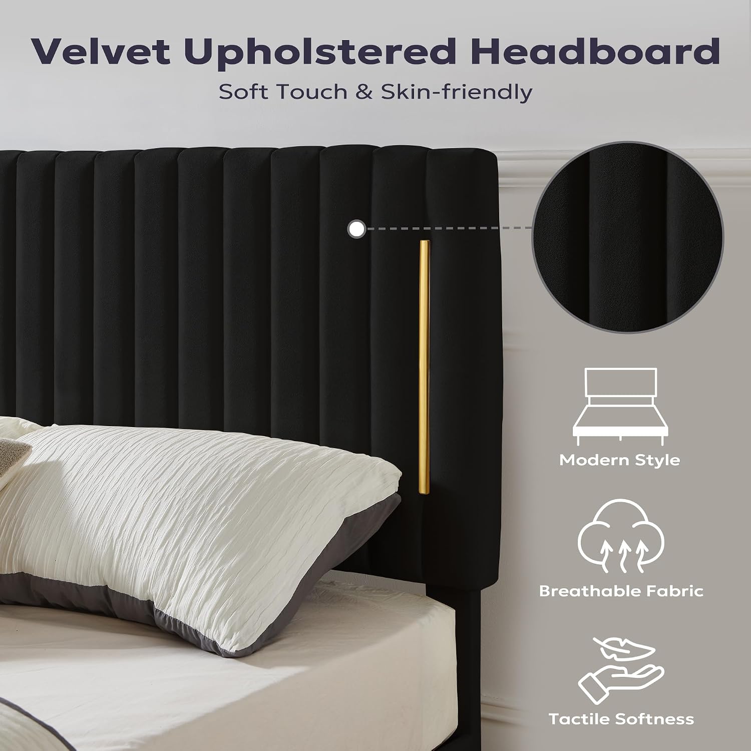 Furnify Full Platform Bed Frame, Velvet Upholstered Bedframe with Vertical Channel Adjustable Headboard, Golden Plating Trim, Mattress Foundation with Wooden Slats, No Box Spring Needed, Black