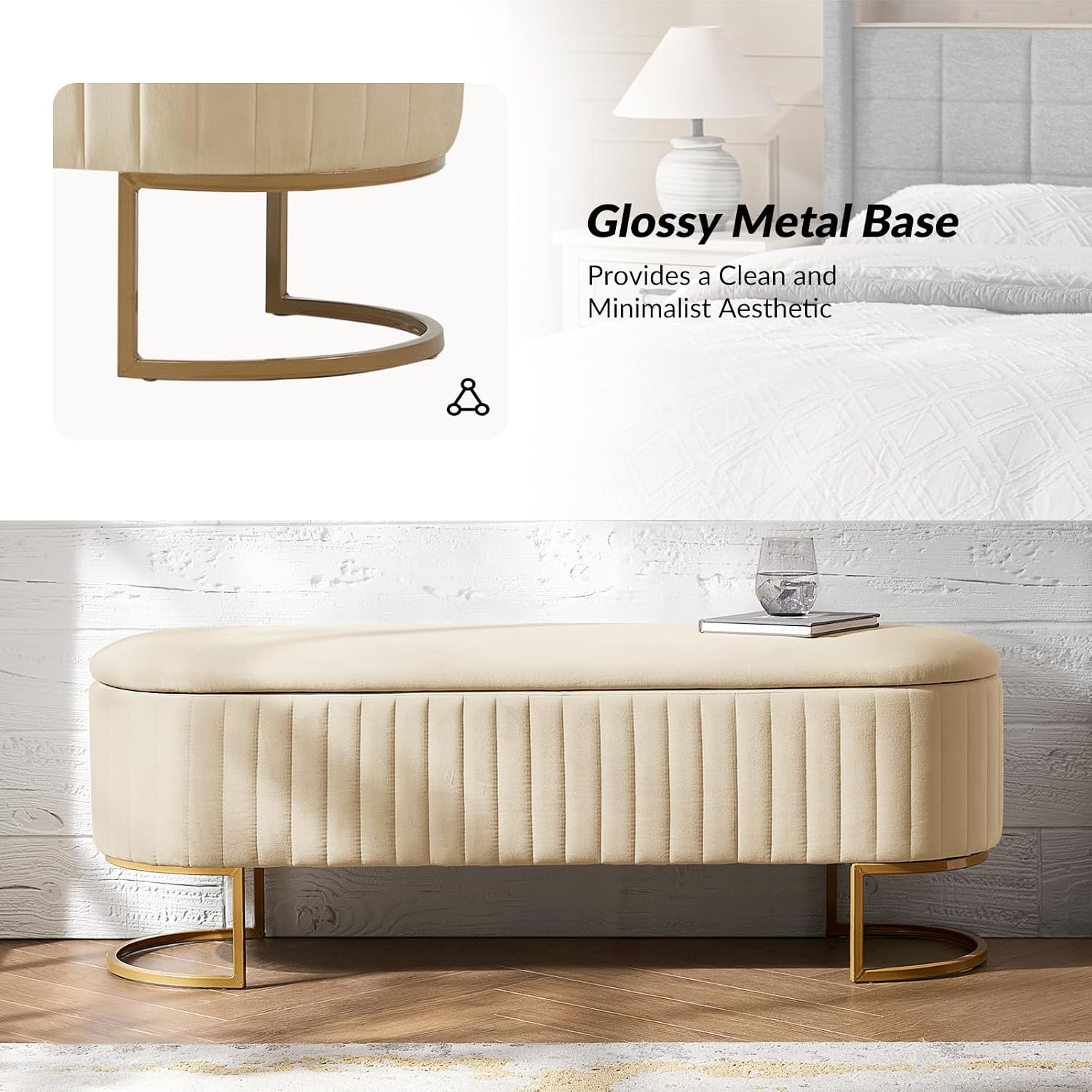50.5' Velvet Storage Ottoman Bench with Gold-Toned Legs, Luxury Upholstered End of Bed Multi-Functional Footrest & Seat for Bedroom & Entryway