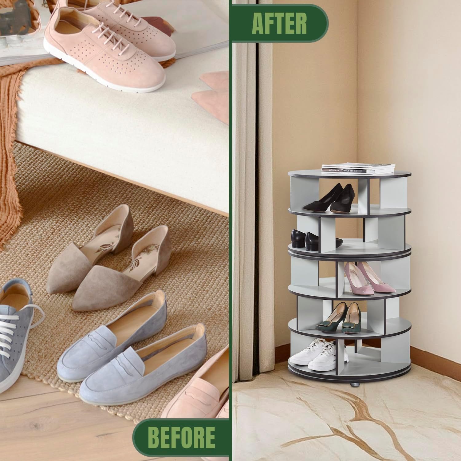 Kings Brand Furniture - 5-Tier Rotating Shoe Rack, 360° Revolving Lazy Susan Spinning Shoe Rack Tower Storage Organizer for Closet Entryway Bedroom Hallway, Green