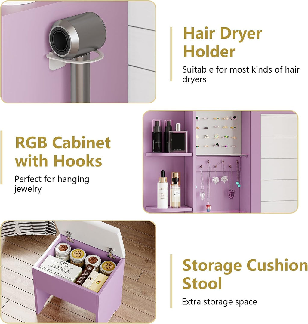 Vanity Desk with Mirror and Lights, Makeup Vanity Table Set with 5 Storage Drawers, Power Outlet & Chair, Small Dressing Table with RGB Ambient Light, Adjustable Brightness for Girls Bedroom, Purple