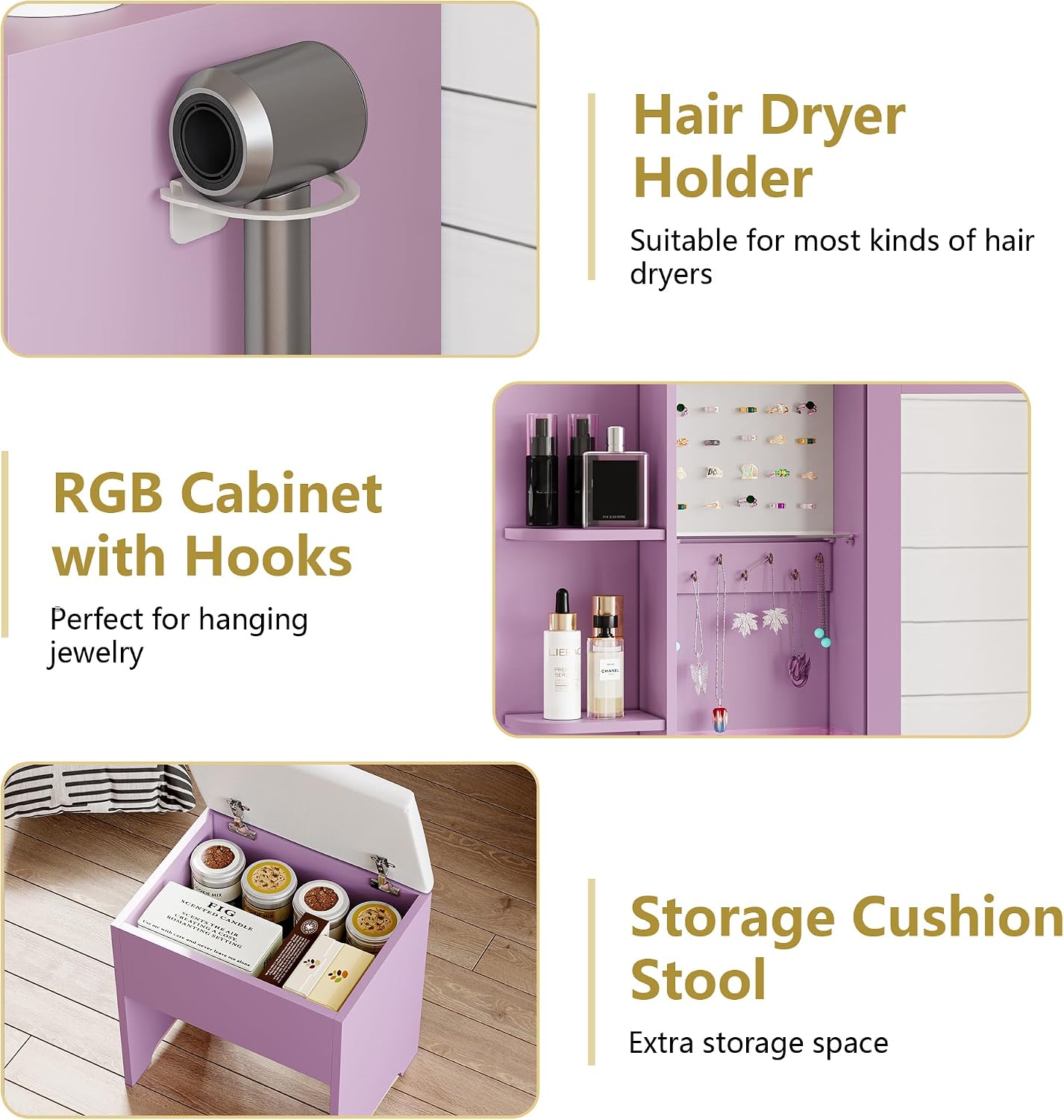 Vanity Desk with Mirror and Lights, Makeup Vanity Table Set with 5 Storage Drawers, Power Outlet & Chair, Small Dressing Table with RGB Ambient Light, Adjustable Brightness for Girls Bedroom, Purple