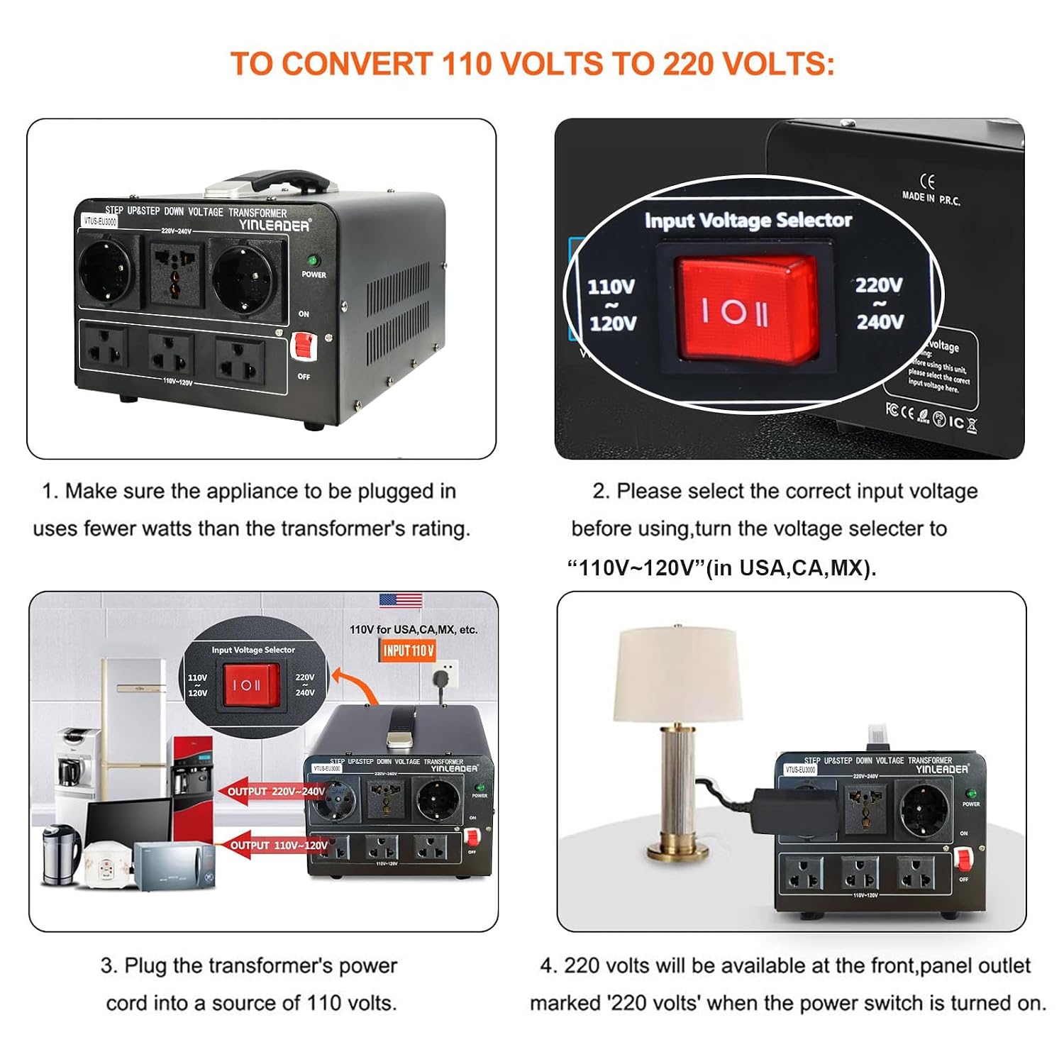 Yinleader 3000W Voltage Converter Transformer(110V to 220V,220V to 110V) Step Up/Down Converter 110/120 Volt - 220/240 Volt w/US Standard Power Cord,Circuit Breaker Protection (VTUS-EU3000)