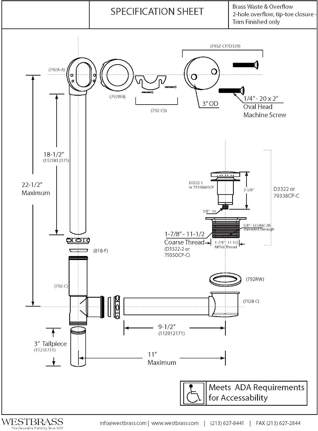 Westbrass A326-05 22-1/2' Brass Bath Waste & Overflow Assembly with Tip-Toe Drain Plug and 2-Hole Faceplate, Polished Nickel