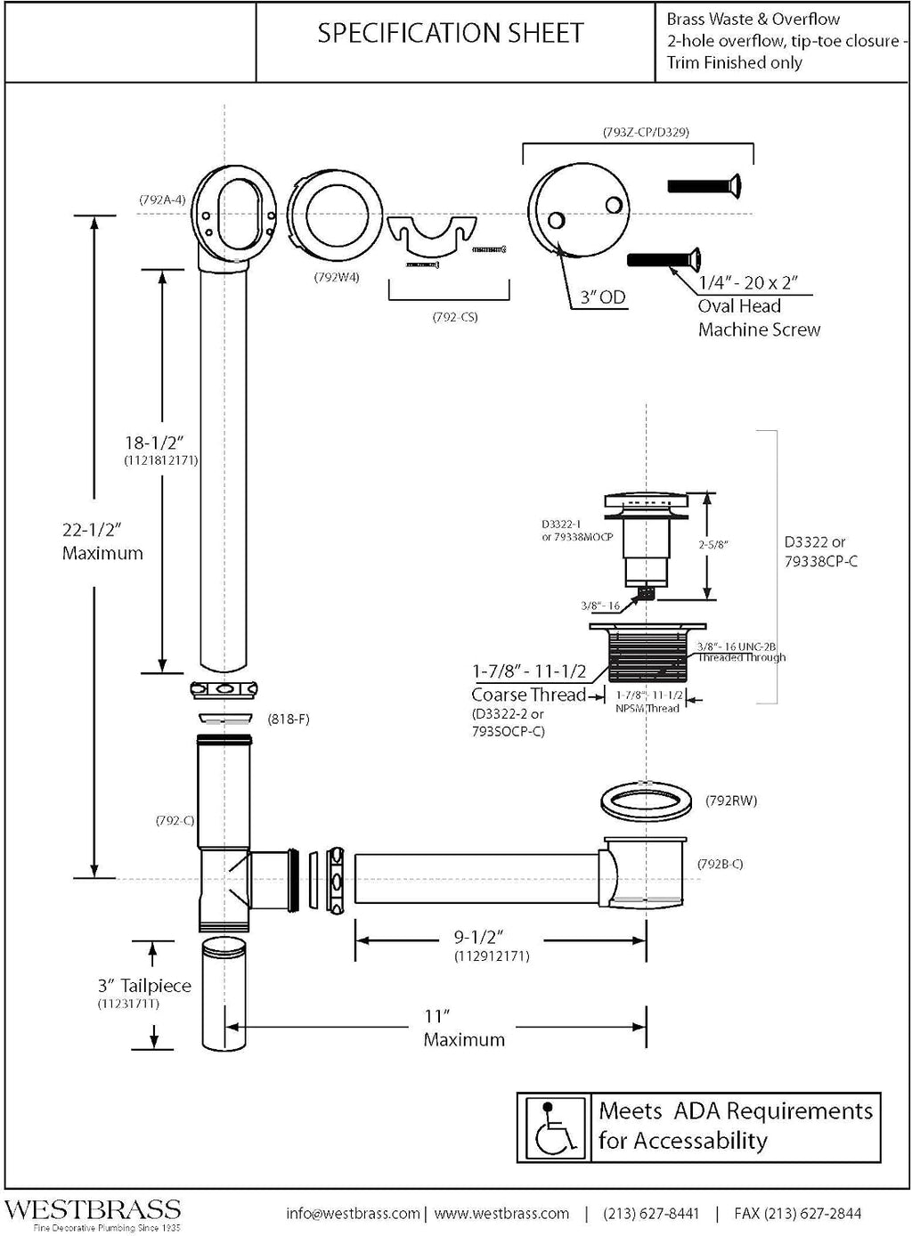 Westbrass A326-07 22-1/2' Brass Bath Waste & Overflow Assembly with Tip-Toe Drain Plug and 2-Hole Faceplate, Satin Nickel