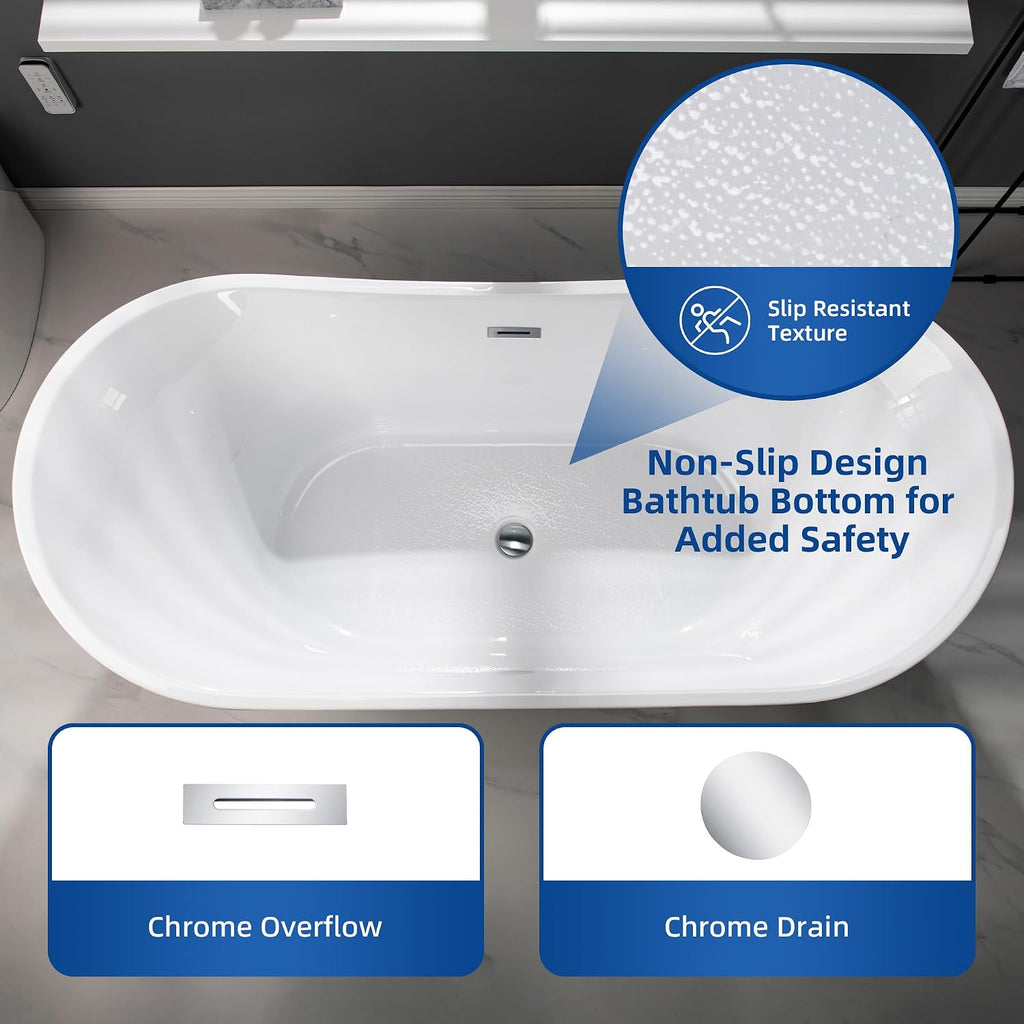 WOODBRIDGE 67' Acrylic Freestanding Bathtub Contemporary Soaking White Tub with Chrome Overflow and Drain,B0010-C