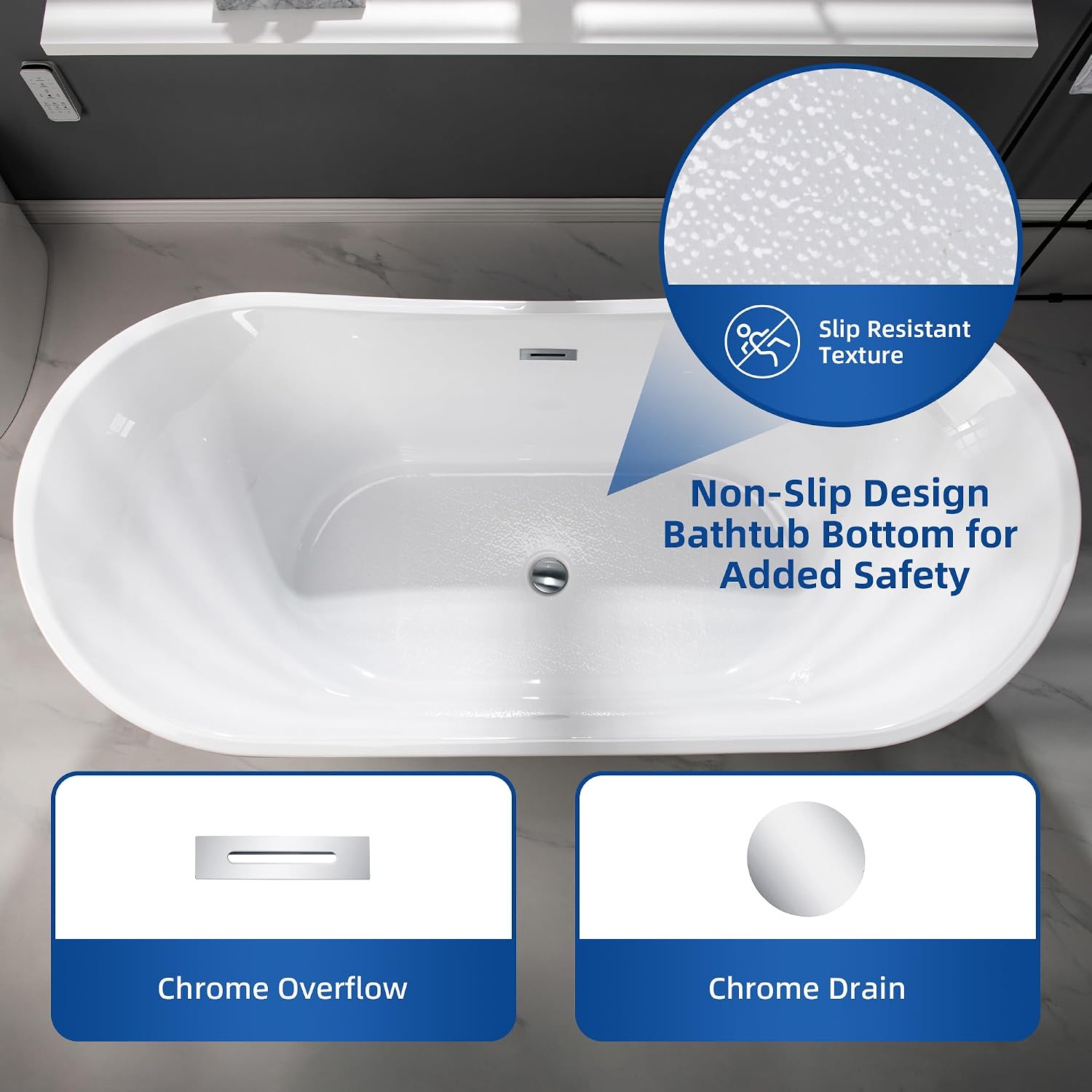 WOODBRIDGE 67' Acrylic Freestanding Bathtub Contemporary Soaking White Tub with Chrome Overflow and Drain,B0010-C