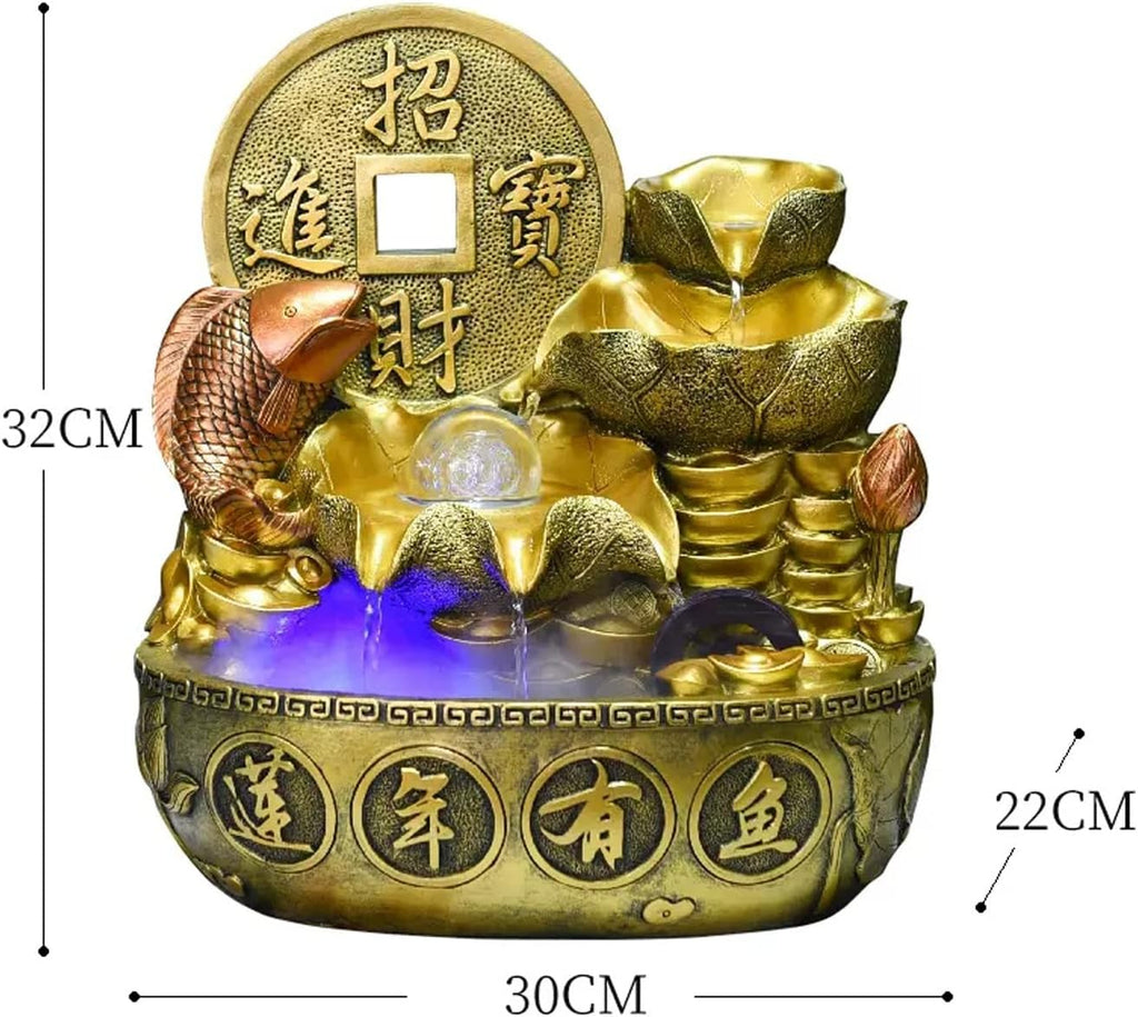 Tabletop Fountain Indoor Fountain Chinese Style Tabletop Waterfall Fountains Relaxation Water Feature Feng Shui Desktop for Home and Office Decor, Gold(Small)