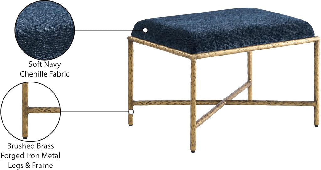 Meridian Furniture 22061Navy Valley Collection Modern | Contemporary Bench with Soft Navy Chenille Fabric, Brushed Brass Forged Iron Metal Legs and Frame, 25' W x 18' D x 18' H, Navy