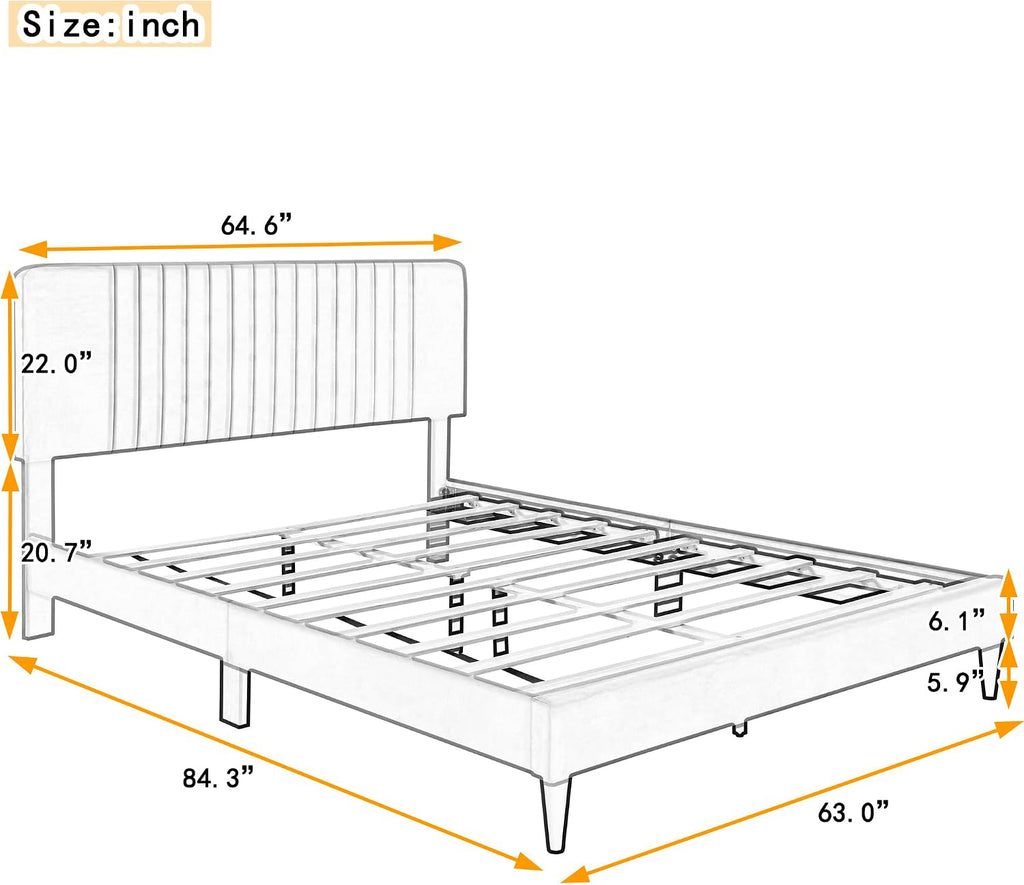 KLMM Modern Queen Size Upholstered Platform Bed, No Box Spring Needed, Velvet Fabric, Suitable for Bedroom Use, Easy to Assemble (Gray#G^)