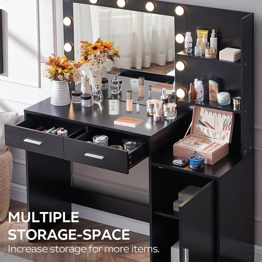 Palimder Vanity Desk with Lamp Bulb Mirror Drawers,Vanity Storage Bench,Makeup Vanities Table for Bedroom