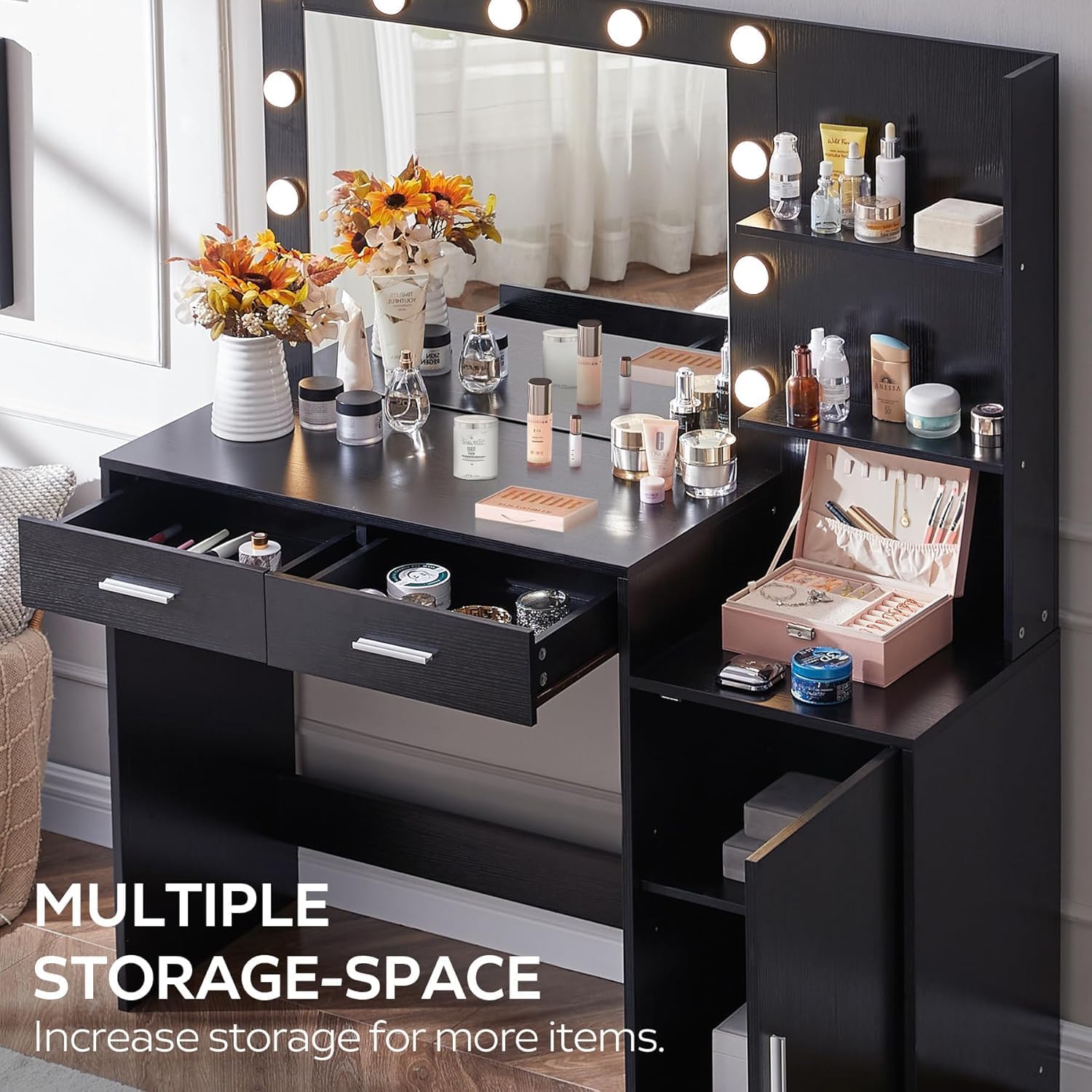 Palimder Vanity Desk with Lamp Bulb Mirror Drawers,Vanity Storage Bench,Makeup Vanities Table for Bedroom
