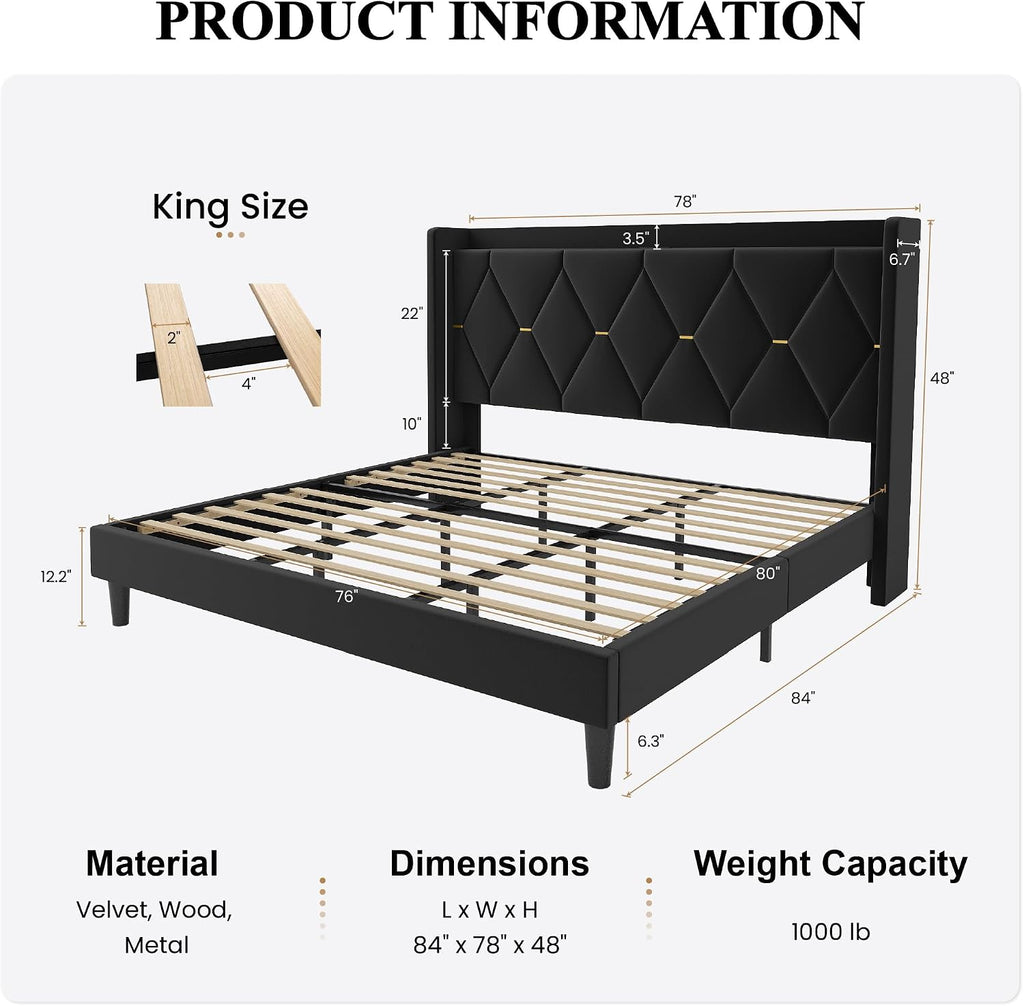 SHA CERLIN King Size Velvet Upholstered Bed Frame with Charging Station, Modern Wingback Storage Headboard, Diamond Stitched & Gold Trim, No Box Spring Needed, Easy Assembly, Black