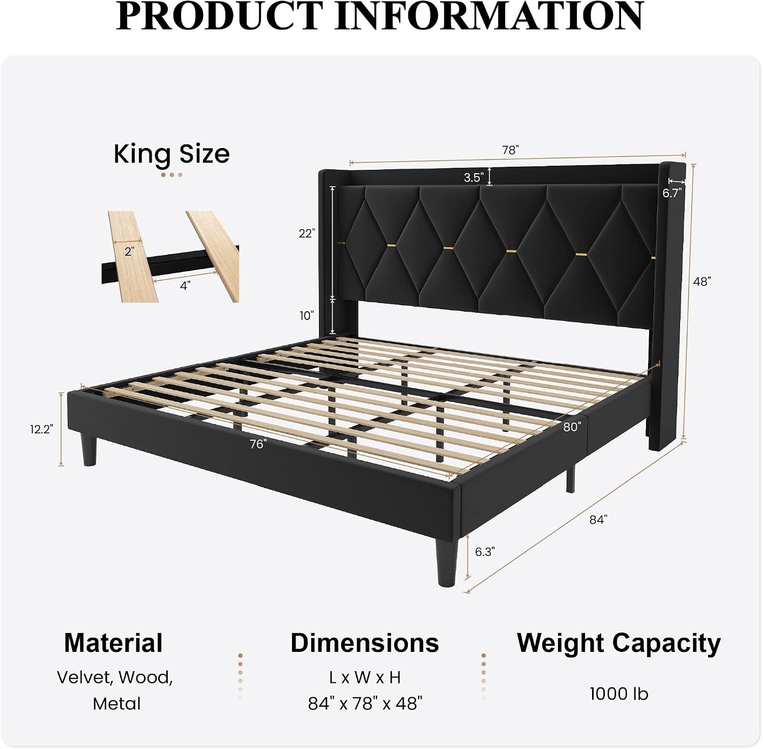 SHA CERLIN King Size Velvet Upholstered Bed Frame with Charging Station, Modern Wingback Storage Headboard, Diamond Stitched & Gold Trim, No Box Spring Needed, Easy Assembly, Black