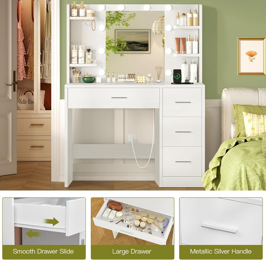 Quimoo Vanity Desk with Mirror and Lights, Makeup Vanity with Power Outlet and 4 Drawers & 6 Shelves & 5 Hooks, 3 Color Modes & Adjustable Brightness, White Vanity for Bedroom