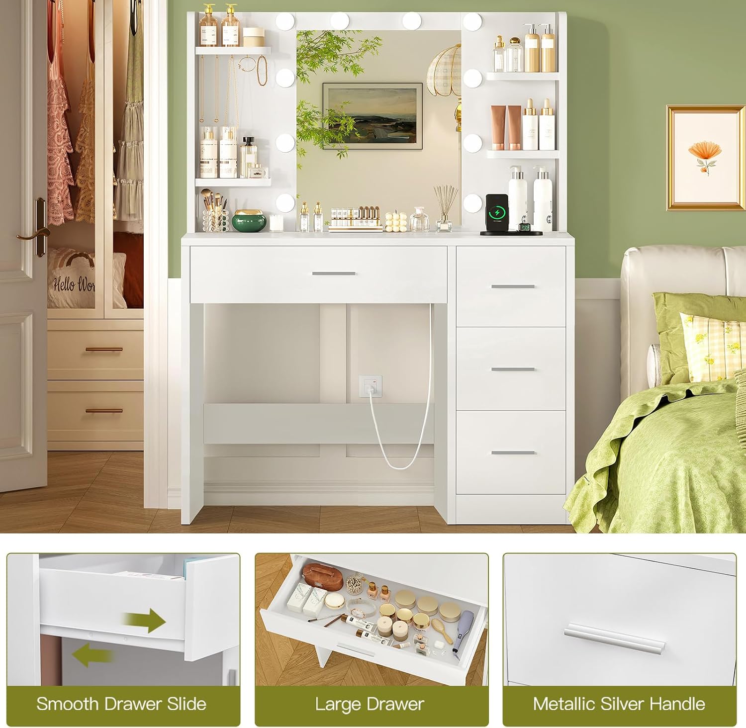 Quimoo Vanity Desk with Mirror and Lights, Makeup Vanity with Power Outlet and 4 Drawers & 6 Shelves & 5 Hooks, 3 Color Modes & Adjustable Brightness, White Vanity for Bedroom