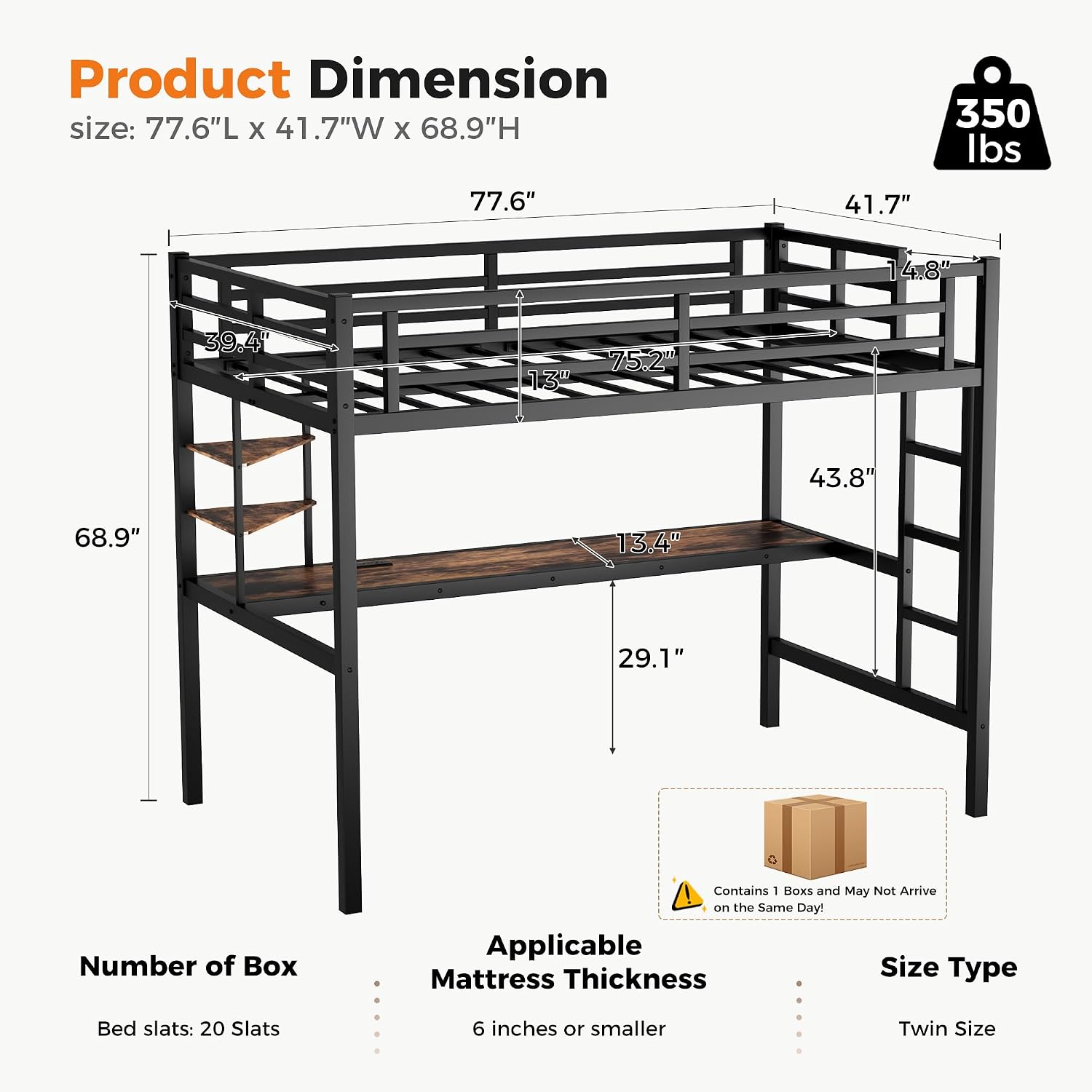 Twin Size Metal Loft Bed with Desk, LED Lights & USB Charging Station, Sturdy Noise-Free High Loft Bed Frame with Safety Guardrails, Space-Saving Loft Bedframe for Kids, Teens, Black