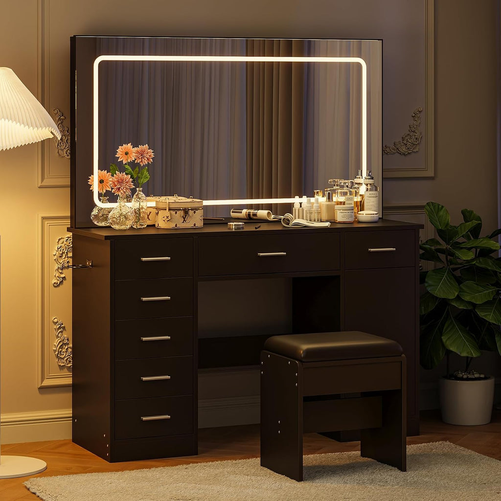 IDEALHOUSE Vanity Desk with Mirror and Lights, White Makeup Vanity with 7 Drawers, 3 Light Mode and Brightness Adjusted, Dressing Table with Hairdryer Holder for Bedroom