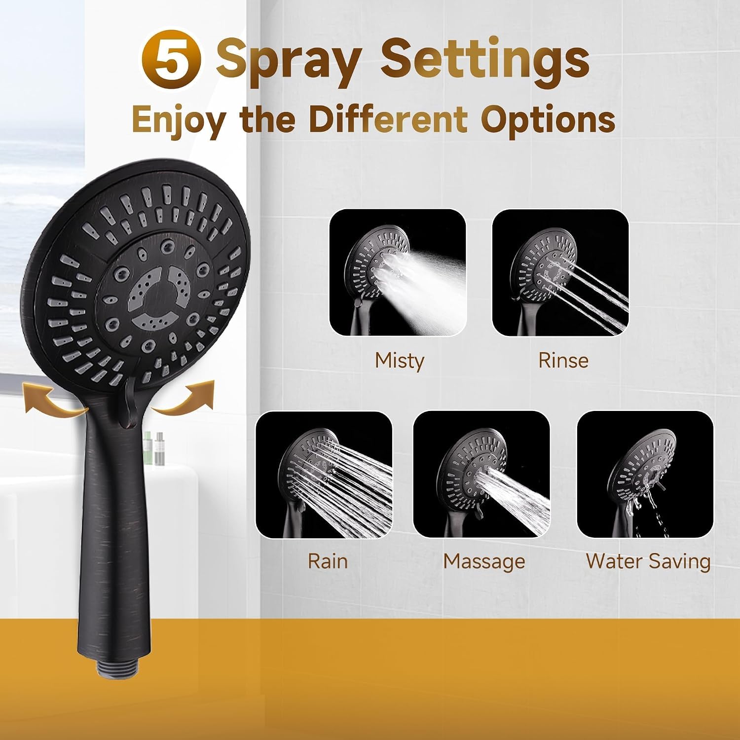 BRIGHT SHOWERS Shower System, 9 Inch Rain Shower Head with 5-Function Hand Shower, Dual Shower Combo with Height Adjustable Holder, Solid Brass Rail, 60 Inch Stainless Steel Hose, Oil-Rubbed Bronze