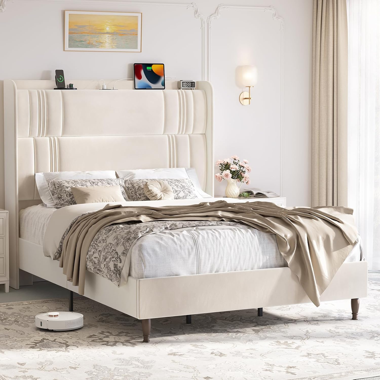 Queen Size Bed Frame with Tall Headboard, 52' Upholstered Platform Bed with Charging Station, Luxury Velvet Bedframe, Curved Wingback Headboard, No Box Spring Needed, Easy Assembly, Sturdy, Beige