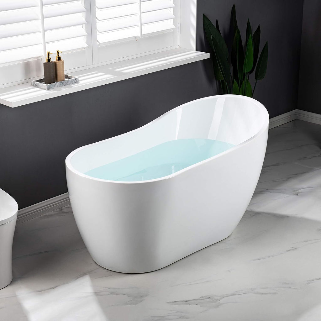 WOODBRIDGE 54' Acrylic Freestanding Bathtub Contemporary Soaking White Tub with Matte Black Overflow and Drain，BTA1507 -MB-Drain &O