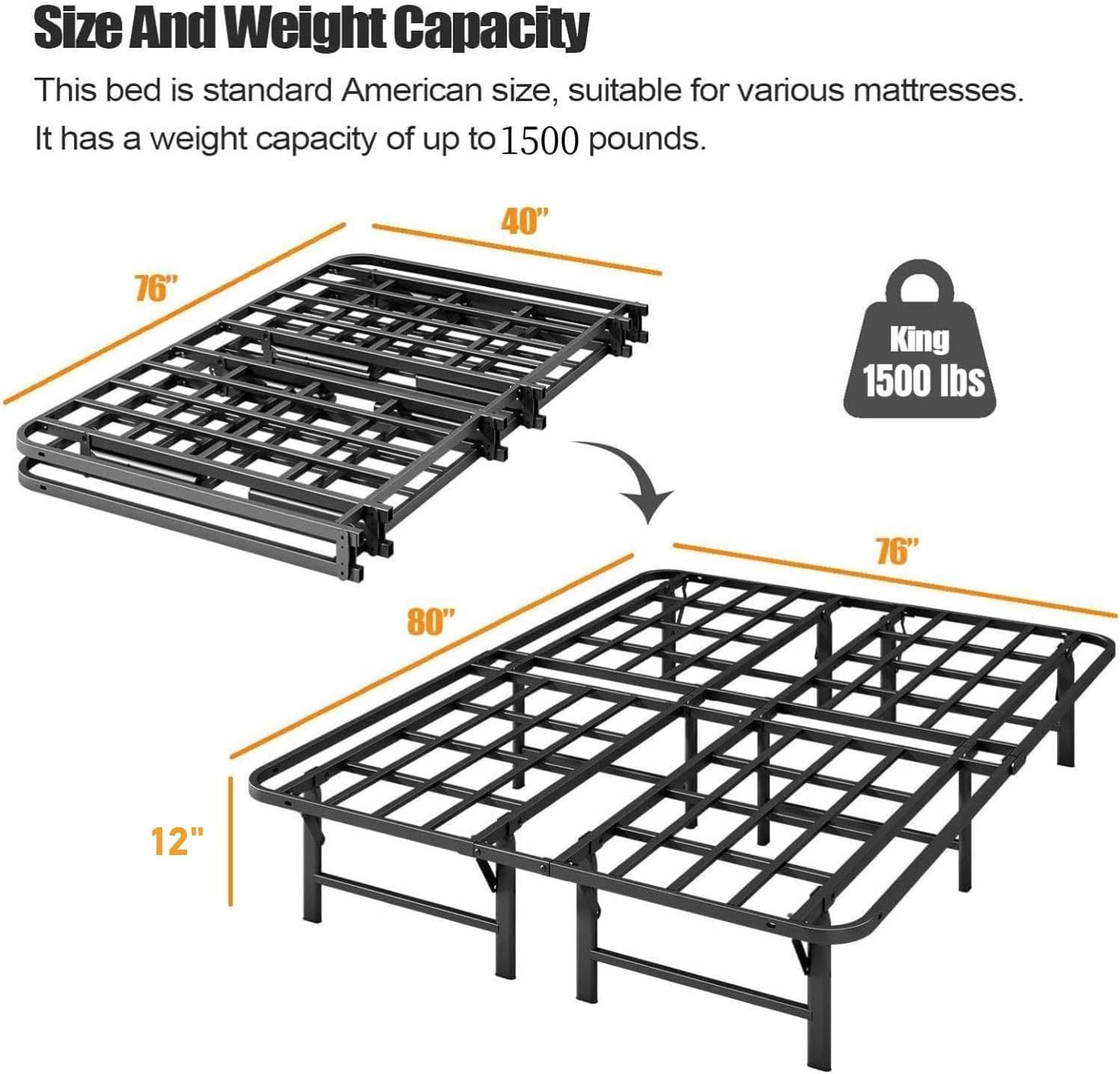 ZIYOO Heavy Duty King Size Folding Bed Frame, 12 Inch High with Sturdy Steel Slats, Metal Platform, No Box Spring Needed, Easy Assembly, Noise-Free, Black