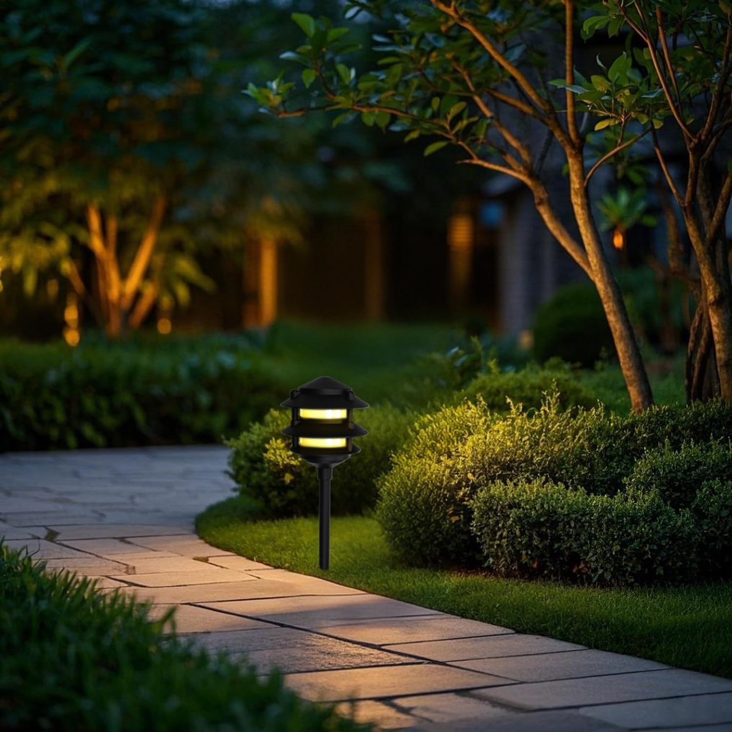 Lumina Lighting® Low Voltage Landscape Lighting Cast-Aluminum Pagoda Path and Area Light Warm White 4W G4 LED Bulb and ABS Ground Stake Included for Yard Walkway Lawn PAL0103-BkLED6 (Black,6-Pack)