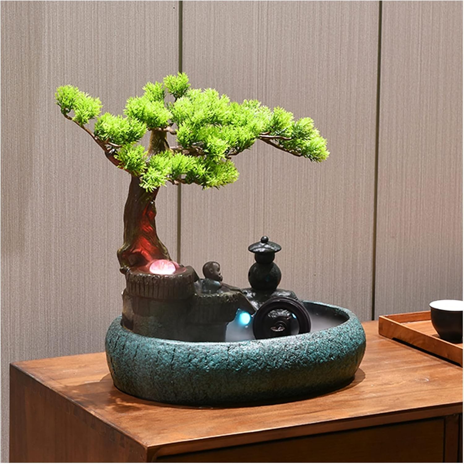 Desktop Fountain Ceramic Tabletop Fountain Artificial Bonsai Design Water Features Relaxation Waterfall Table Ornaments for Home Living Room Office Decoration(Green)