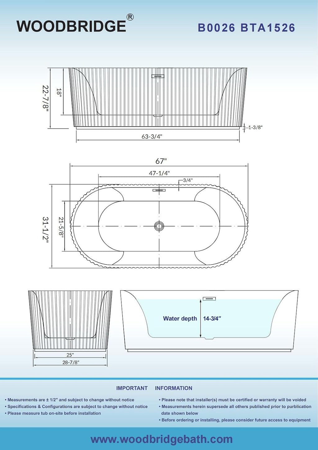 WOODBRIDGE 67' L x 31-1/2' W Freestanding Contemporary Soaking Bathtub,Unique Pleated Design,with Brushed Nickel Pop-Up Drain Drain and Overflow Option, White,B1526-B/N