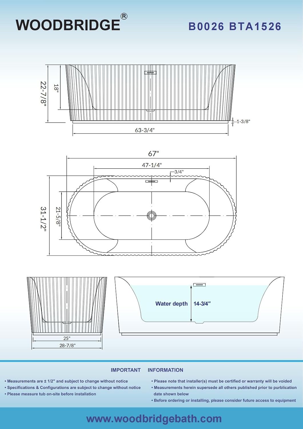 WOODBRIDGE 67' L x 31-1/2' W Freestanding Contemporary Soaking Bathtub with Matte Black Pop-Up Drain Drain and Overflow Option, White, BTA1526/B0026+MB-Drain &O