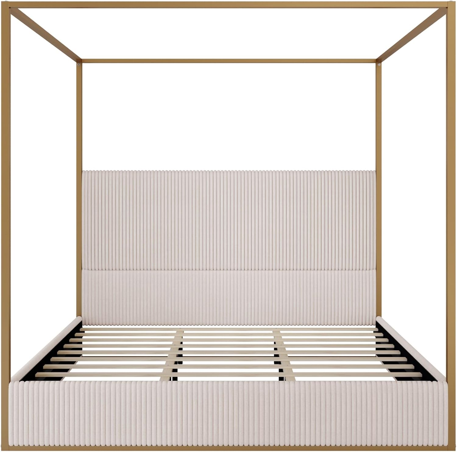 Harper & Bright Designs Luxury Canopy Bed with Tall Corduroy Upholstered Headboard, King Size Upholstered Canopy Bed with Wood Slat Support and Four Poster, No Box Spring Needed, Gold + Beige