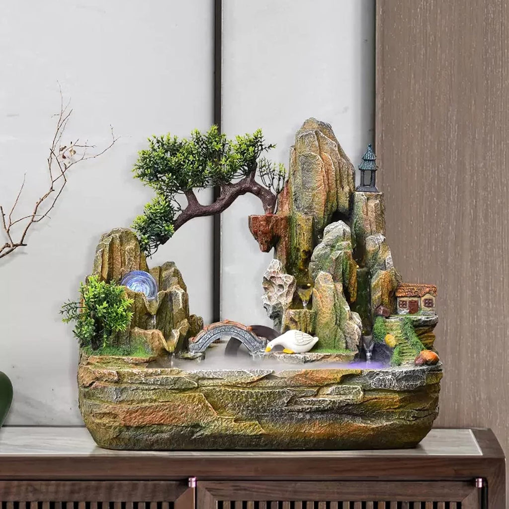 Desktop Fountain Indoor Fountain Tabletop Waterfall Rockery Fake Trees Relaxation Water Feature for Home and Office Spaces Decor(Small)