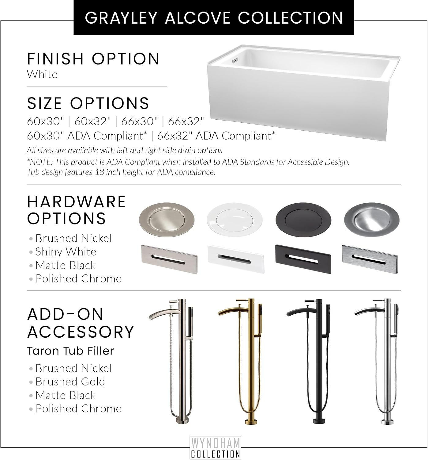 Grayley 66 x 32 Inch Alcove Bathtub in White with Left-Hand Drain and Overflow Trim in Polished Chrome