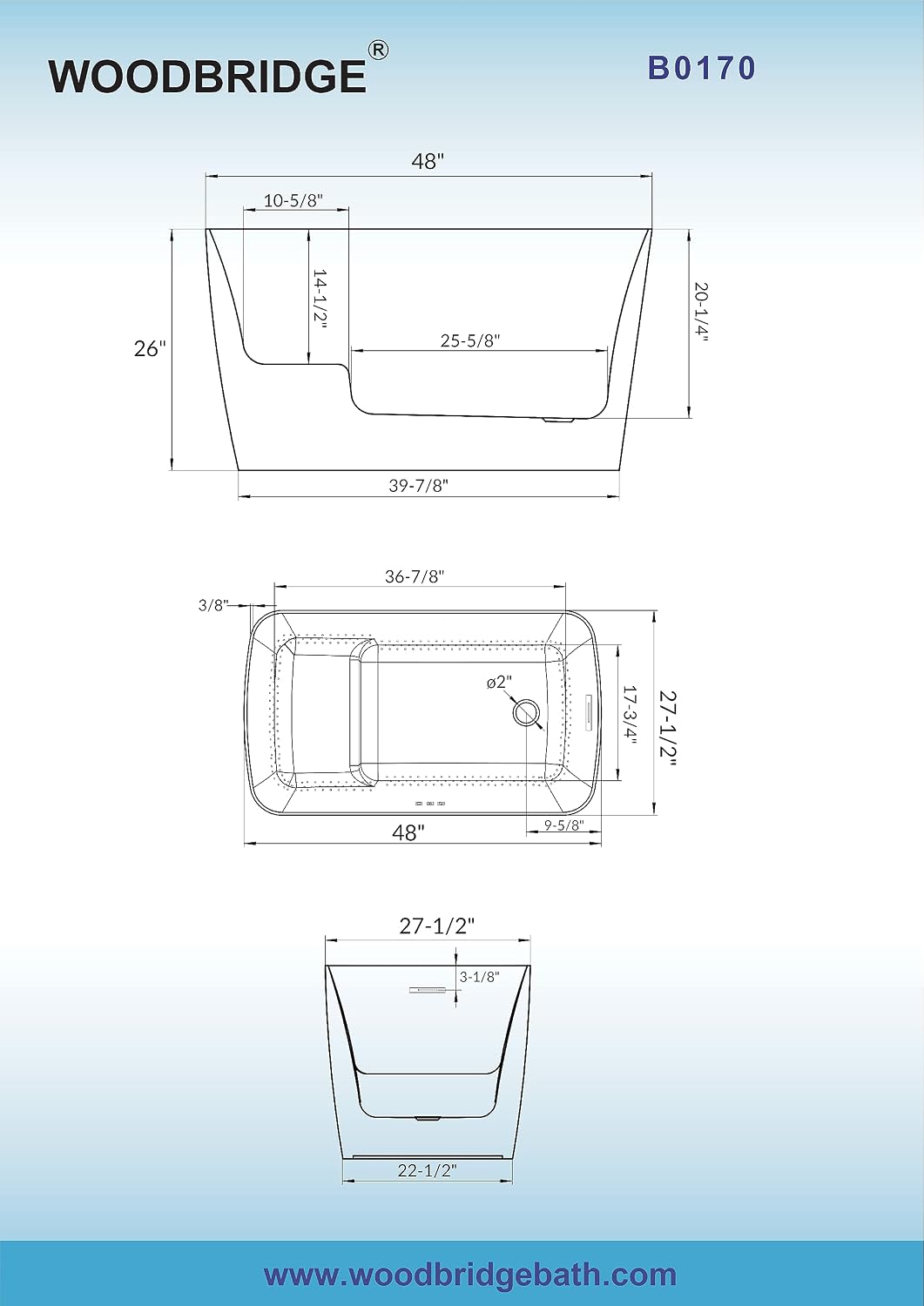 WOODBRIDGE 48' Acrylic Freestanding Rectangular Air Bath Bathtub with Pre-molded Seat and Matte Black Pop-Up Drain and Overflow Option, White, B0170-MB