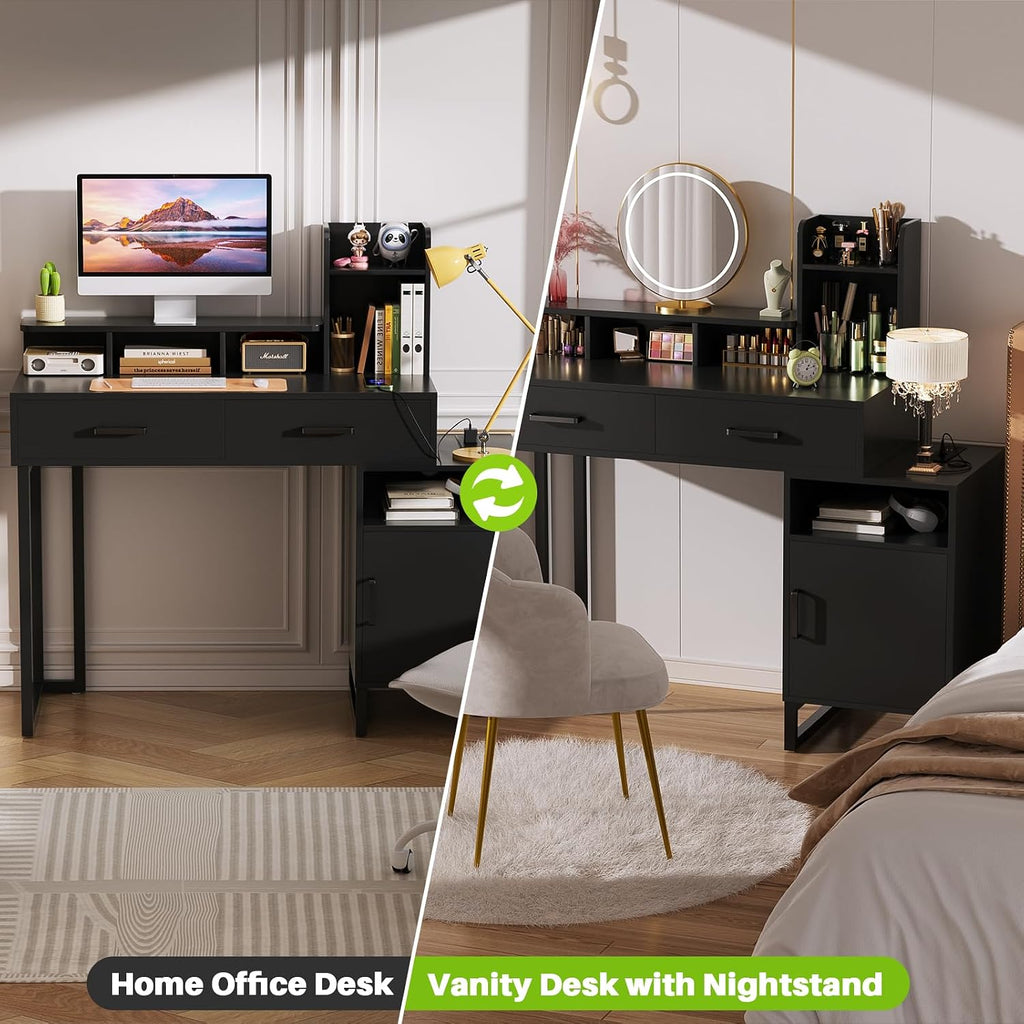 Besiost Vanity Desk, Small Vanity Desk with Power Outlet, Makeup Desk with Drawers and Cabinets, Vanity Set with Storage Shelves for Bedroom, No Mirror, Black