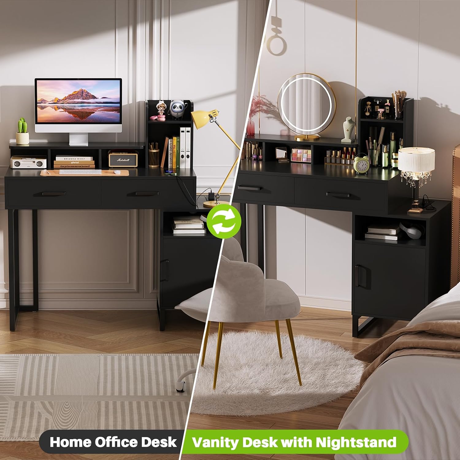 Besiost Vanity Desk, Small Vanity Desk with Power Outlet, Makeup Desk with Drawers and Cabinets, Vanity Set with Storage Shelves for Bedroom, No Mirror, Black