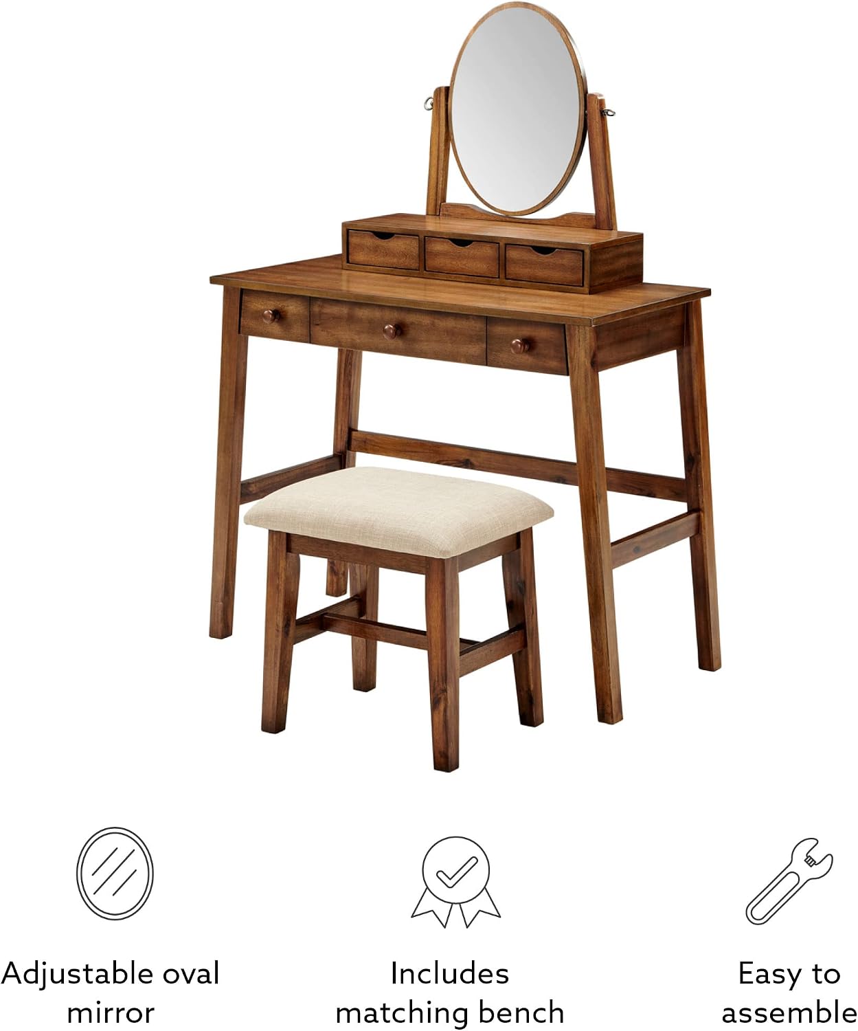 Linon MidCentury Walnut Upholstered Seat Beverly Vanity Set, Medium