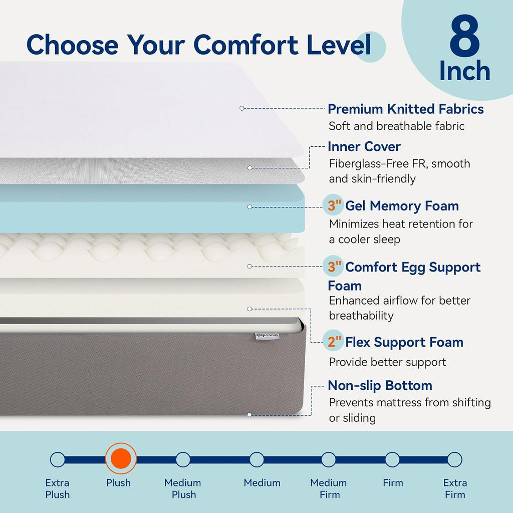 Amazon Basics Breathable Memory Foam Plush Mattress, Queen, White/Grey, 80 x 60 x 8 inches