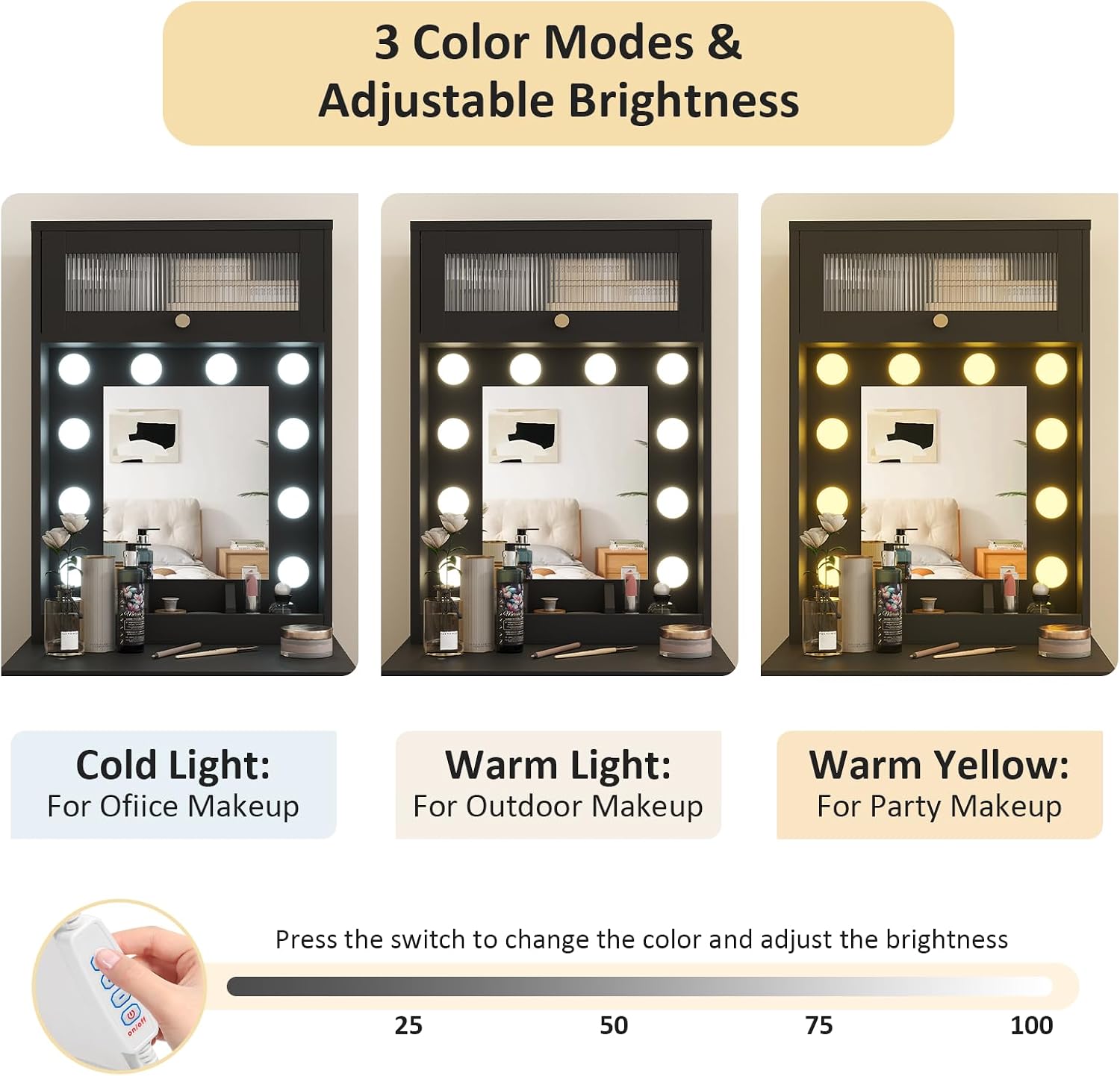 ARTETHYS Small Vanity Desk with Mirror and Lights Black Small Makeup Vanity with Storage Chair Mini Makeup Table Set for Bedroom Compact Dressing Table with RGB Lights for Tiny Space