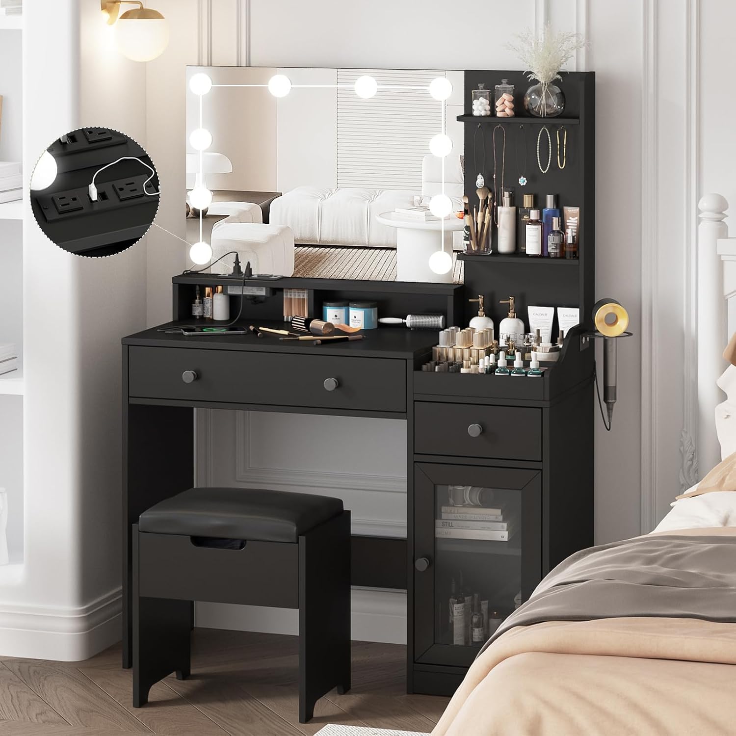 Vabches Vanity with Mirror and Lights,Makeup Vanity Table with Charging Station,Dressing Table with Stool & 3 Storage Compartments,3 Color Modes Available for Bedroom,Black