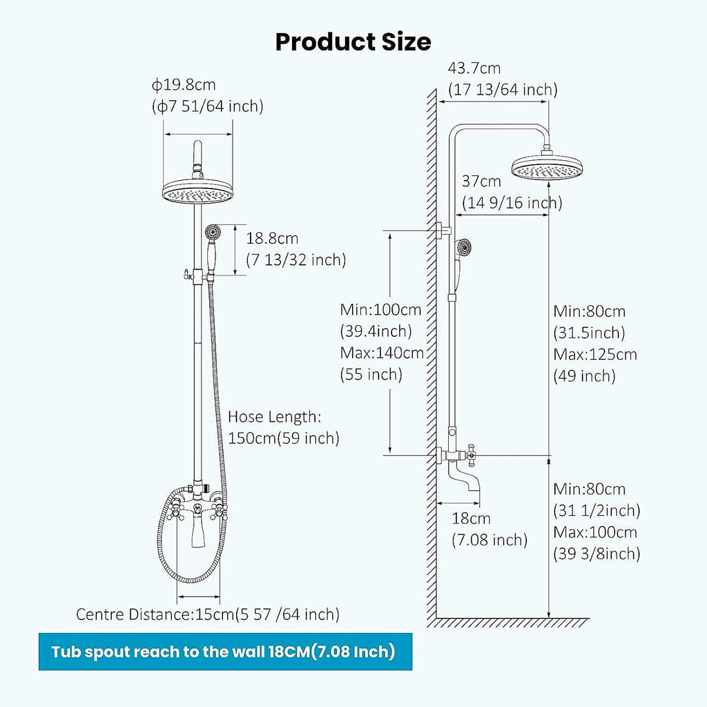 gotonovo Antique Brass Shower Fixture 8' Rainfall Shower Head Handheld Spray Dual Knobs 3 Function Antique Brass 8' Widespread Bathroom Faucet 3 Hole 2 Cross Handle Pop Up Drain with Overflow