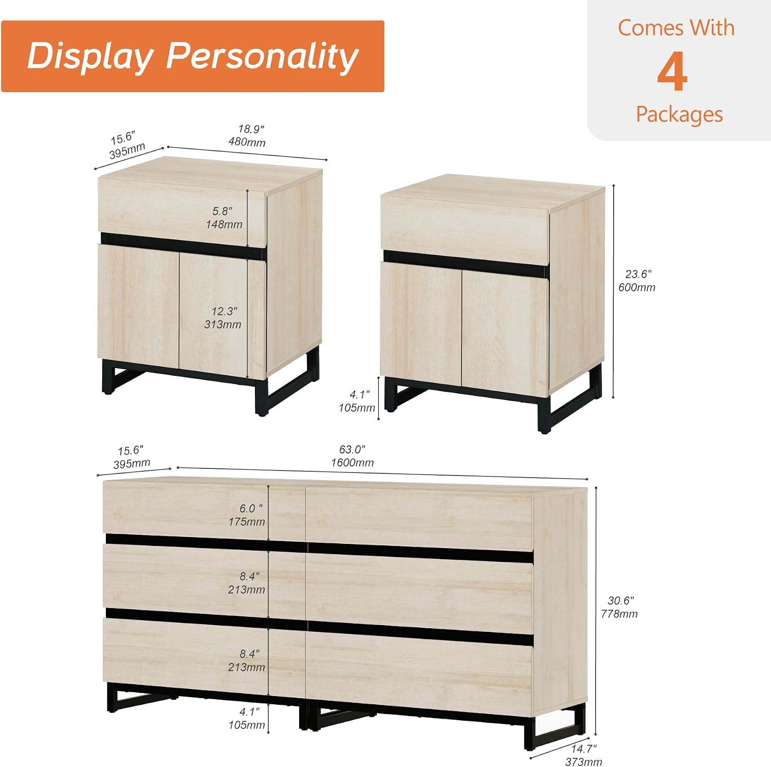 WAMPAT 3-Piece Modern Bedroom Furniture Set, 63-Inch Dresser with 6 Drawers and 2 Nightstands Featuring Drawer and Cabinet Design, Bedroom Set of 3, Light Oak