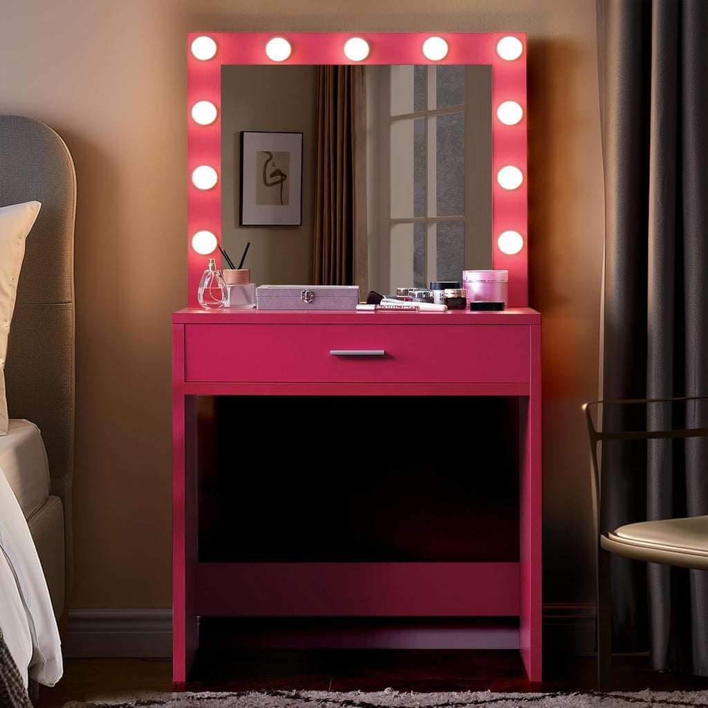 Palimder Vanity Desk with Lamp Bulb Mirror Drawers,Vanity Storage Bench,Makeup Vanities Table for Bedroom,Rose Red