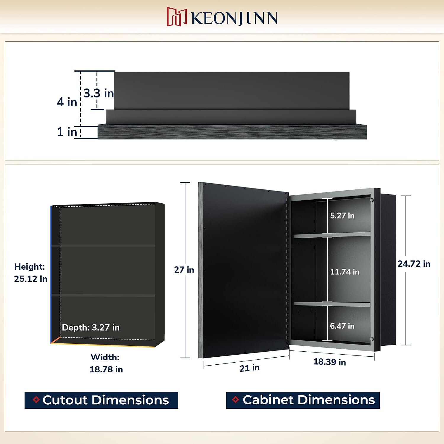 Keonjinn 21' x 27' Medicine Cabinet for Bathroom, Silver Recessed or Surface Wall-Mounted Aluminum Alloy Framed Beveled Mirror with Storage, Mirrored Cabinets with 2 Adjustable Shelves for Bath Modern